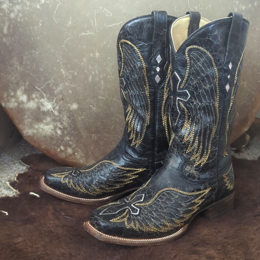 CORRAL A1972 men's winged cross inlay square toe cowboy western boots black sz9D